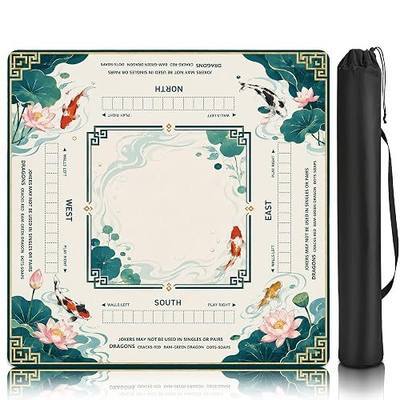 Teal Koi Lotus Chinoiserie Mahjong Mat with Carrying Bag, Anti Slip Noise Reduction Game Table Cover for Mahjong, Card, Board Tile Games, 31.5'' x 31.5''