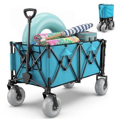 Romswi Heavy Duty Beach Wagon with 9" Wide Big Wheels, 450LBS Capacity, 59" Extender,400L Large Foldable Wagon Cart, Adjustable Handle, All-Terrain Cart for Beach,Camping,Garden,Light Blue