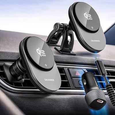 Galvanox Magnetic Wireless Car Charger Mount for Samsung Galaxy Phones, Qi2.2 25W Fast Charging (Compatible with MagSafe), Dual-Arm Adjustable Dashboard Mount with 45W USB-C Adapter