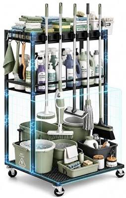 Cleaning Supplies Organizer Cart with Wheels, Broom and Mop Holder with 5 Grippers, 6 Hooks, 3 Shelves, Rolling Broom Closet Storage Rack for Laundry Room, Kitchen, Bathroom, Garage, Poolside