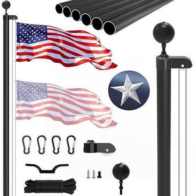 25FT Sectional Flag Pole Kit, Extra Thick Heavy Duty Aluminum Flagpoles for Outside House Inground with 3'*5' American Flag and Black Ball Topper for Residential or Commercial Use, Black