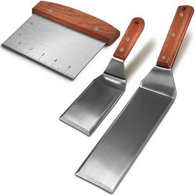 Stainless Steel Extra Long and Small Grill Spatula and Scraper | Spatula for Blackstone,Metal Griddle Spatula,Grill Accessories Set for Flat Top,Full Tang Wooden Handle,Beveled Edges