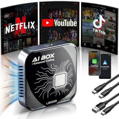 2026 Upgraded 3 in 1 Wireless CarPlay Adapter,Enhanced Cooling Fan,AI Magic Box Video Player for Apple iPhone&Android, Built-in Net-Flix YouTube Tiktok with 5.8GHz WiFi USB TF Card for OEM CarPlay Car