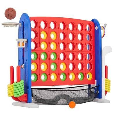 PeakPursuit Giant 4-in-a-Row Board Game – 3-Level Adjustable Jumbo Floor Set with Basketball, Golf, Ring Toss – Quick-Release Slider, Mesh Bag – Indoor & Outdoor Family Fun, USA
