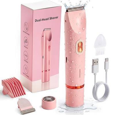 2-in-1 Bikini Trimmer for Women Electric Razor Shaver | 2 Replacement Heads (1 Flat + 1 Round), IPX7 Waterproof Cordless Remover for Pubic Hair Underarm Leg & Face, Pink