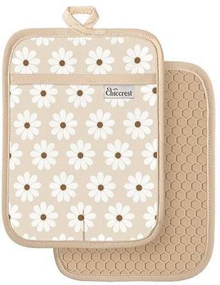 100% Cotton Potholders Textured Soft Silicone Grip Daisy Gingham | Stylish Pot Holders 2pcs, Machine Washable Non-Slip Heat Resistant Hot Pads & Oven Mitts 2-in-1, Practical Kitchen Decor