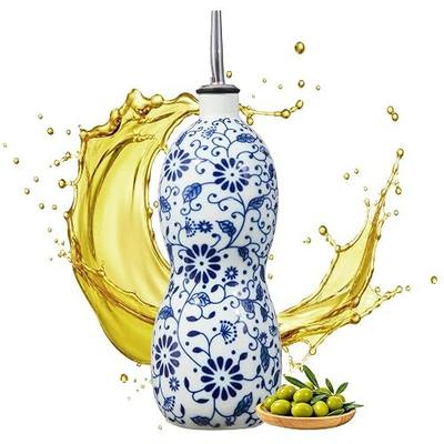 1Pcs 20oz Vintage Gourd Shaped Ceramic Olive Oil Dispenser, Blue and White Porcelain Drip-Free Cruet with Spout & Funnel, Multipurpose Storage for Oil, Vinegar, Soy Sauce, Coffee Syrup & Liquids