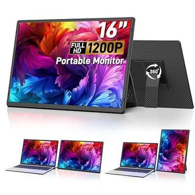 16" Portable Monitor for Laptop, 1200P IPS Laptop Screen Extender | Plug & Play Dual Monitor, 360° Rotating Stand, Ultra Slim Travel Monitor for Laptop, PC, MacBook, PS5