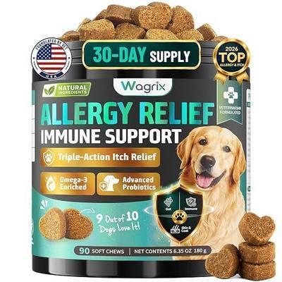 Dog Allergy Chews Omega 3 is Human, Itch Relief for Dogs Multivitamin Itch Skin, Paw Licking, Yeast Ear, Seasonal Allergies, Immune Gut Support with Colostrum Probiotics– 90ct Chicken Flavor