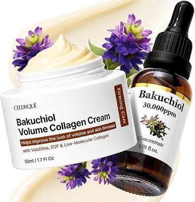 Korean Bakuchiol Concentrate Mix-in Serum 30,000 ppm & Volufiline Collagen Cream | Retinol Alternative w/EGF Snail Mucin Firming Plumping Face Moisturizer - Sensitive Skin Korean Skincare