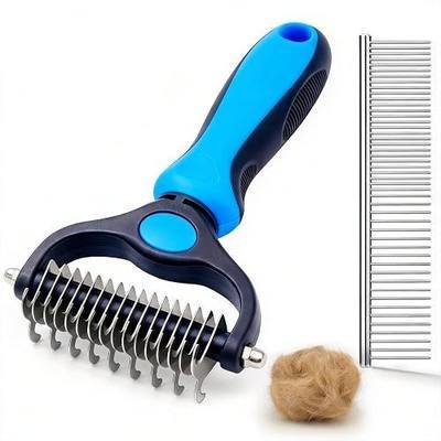 Pet Grooming Comb Set, Double-Sided Dematting Comb & Deshedding Brush with 2-in-1 Metal Comb for Dogs & Cats, Undercoat Rake for Heavy Shedding, Detangling Long Hair & Thick Coats, Blue