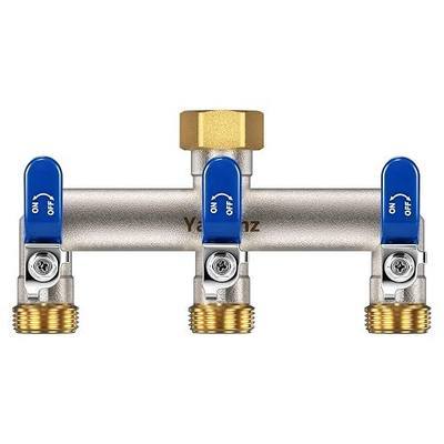 3 Way Garden Hose Splitter, 3/4" GHT Outdoor Faucet Splitter | Heavy-duty Solid Brass Body, Easy-turn Handles & Shut-off Valves, Wide Spacing Fit Large Timers, 90° Downward Outlets