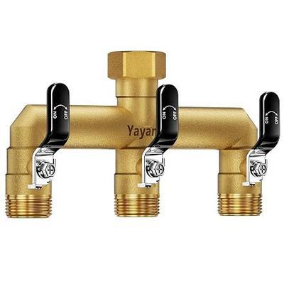 3 Way Garden Hose Splitter Heavy Duty Brass, Full Flow Ball Valves | 3/4" GHT Outdoor Faucet Splitter, Wide Spacing Fits Large Timers, Independent Shut Off Valves, 90° Downward Outlets