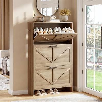 Nicetree Shoe Cabinet for Entryway, 3 Flip Drawers Shoe Storage Cabinet with 3-Tier Adjustable Shelves, Ultra Slim Freestanding Hidden Shoe Organizer with Barn Door Design, Caramel Brown