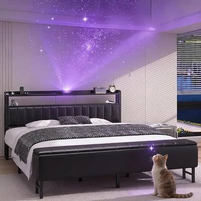King Size Platform Bed Frame with Storage Headboard, Star Projector, Black | Charging Station, Heavy-Duty Metal Slats, PU Leather Upholstered Platform, Storage Ottoman, Noise-Free, No Box Spring Needed