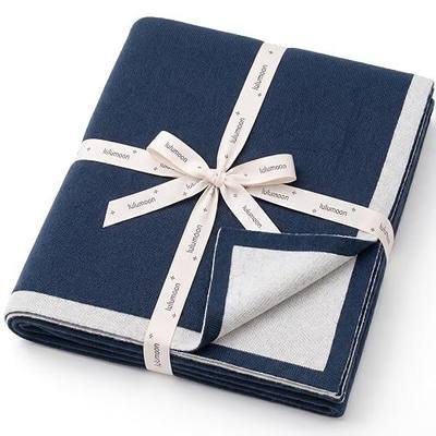lulumoon Knit Baby Blanket for Newborn:100% Cotton Soft Receiving Blanket | Breathable Swaddle Blanket for Stroller Nursery - Reversible Vintage Boho Style, Registry Gift for Boys Girls 30"x40" (Blue)