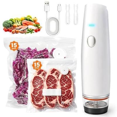 -80kPa Compact Vacuum Sealer for Food (Vacuum Sealer Machine + 30 Reusable Bags), 1200mAh Rechargeable Handheld Vacuum Sealer Machine Portable Mini Food Sealer for Sous Vide & Meal Prep-White