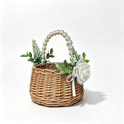 Wicker Rattan Flower Girl Basket with Flower,Handwoven Basket for Wedding Flower Girl Home Storage Picnic Basket