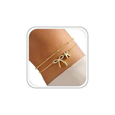 Turandoss Dainty Initial Bow Bracelets for Women Teen Girls | 14K Gold Plated Layered Letter Initial Bracelet for Women Trendy, Bow Link Bracelets Womens Girls Jewelry Birthday Gifts