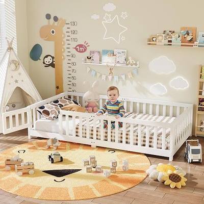 Gizoon Twin Montessori Floor Bed for Toddlers Floor Bed Frame with Rails Sturdy Wood Baby Bed Frame with Wood Slats for Girls and Boys,Painted White