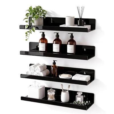 Black Acrylic Bathroom Shelf Wall Mounted Floating Organizer with Front Lip | Modern Acrylic Design, Rounded Edges, Space-saving Storage