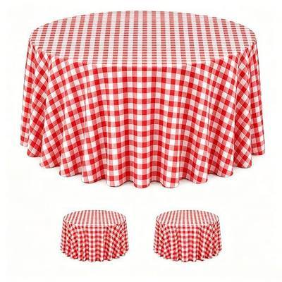 WNINK 2 Pack Red Gingham Round Tablecloth, 84 Inch Disposable Plastic Table Covers, Red Checkered Round Table Cover for Birthday Parties, Holiday, Picnic, BBQ, Family Gathering Party Supplies