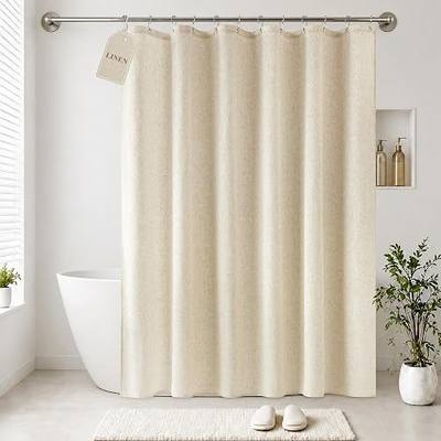 Jowels Beige Linen Fabric Summer Shower Curtain for Bathroom 80 Inches Long | Natural Linen Shower Curtains for Bathrooms, Waterproof Washable Weighted Cloth with Metal Hooks, Hotel Boho Farmhouse Decor