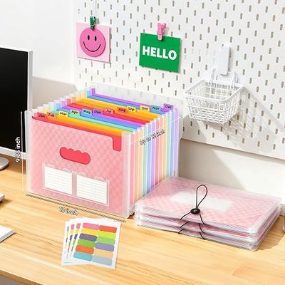 4 Pack Accordion File Organizer - Portable 13 Pockets Document Organizer | Rainbow Color Labels and Sticky Notes for Letter A4 Size Document Holder, Bills, and Store Documents (White)