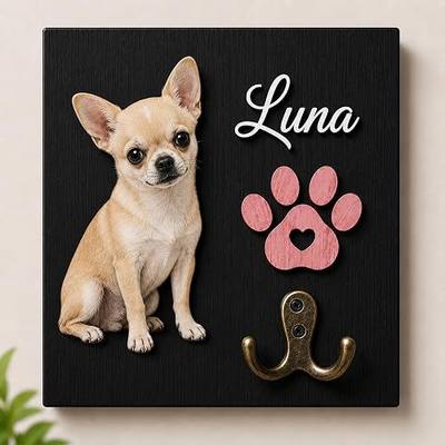 Personalized Dog Key Hook for Wall Mount with Custom Portrait & Name, Paw Print Wooden Wall Organizer, Pet Collar and Harness Holder, Key and Leash Rack for Entryway, Home Decor for Pet Lovers
