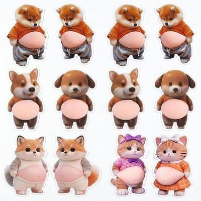 Cute Animal 3D Belly Silicone Anti-Collision Decor Stickers | Multi-Surface Ornament, 12 Pcs / 6 Pairs