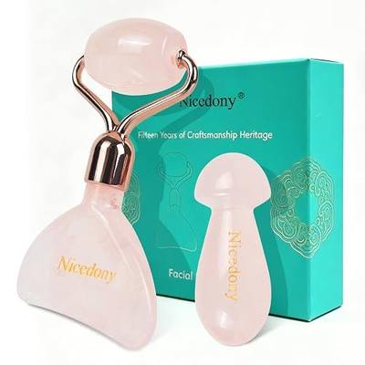 Gua Sha Tool for Face and Rose Quartz Face Roller Set | 2-Piece Cooling Facial Roller with Mushroom Stone for Women, Skincare for Face, Neck and Jawline Massage