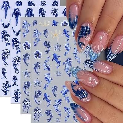 4 Sheets Summer Ocean Nail Stickers 3D Self Adhesive Blue Polka Dot Whale Shark Nails Decals Starfish Jellyfish Designs Ocean Theme Nails Art Stickers for Summer Women DIY Nail Decorations Supplies