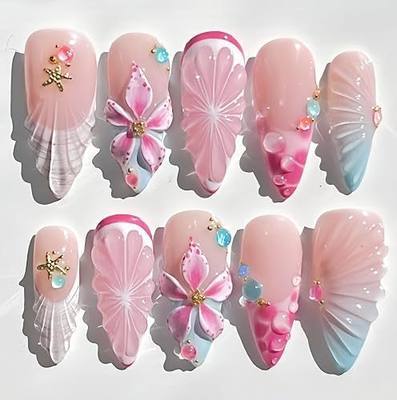 30Pcs 3D Hawaii Hibiscus Flower Press on Nails Medium Almond Fake Nails with Gold Starfish Rhinestones Summer Flower Full Cover Artificial False Nails French Tip Acrylic Nails for Women Manicure