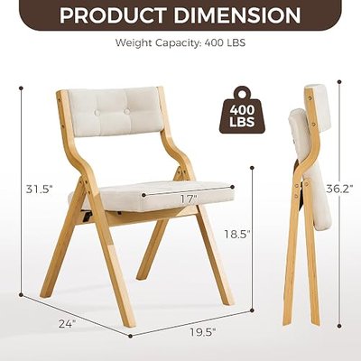 Padded Folding Chair, 2 Pack Folding Chair with Cushion, Wooden Folding Dining Chairs, Comfortable Foldable Wooden Chairs for Indoor, Kitchen, Party, Dining, Beige