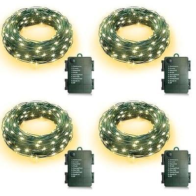 4 Pack Fairy String Twinkle Lights Battery Operated Auto Timer | 16.5FT 50 LED Warm White 8 Modes Green Wire Waterproof for Christmas Tree Wreath Garland Xmas Bedroom Outdoor Indoor Decor