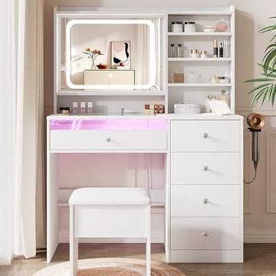 LIVELYGLOW 39.4" White Vanity Desk Set with Glass Desktop & RGB Light Strip | Smart LED Mirror, Charging Station, Cushioned Stool, Hairdryer Rack, 4 Drawers