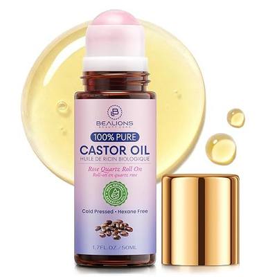 Bealions Castor Oil Rose Quartz Roller Ball (1.7 Fl Oz) | Castor Oil Organic Cold Pressed - Reduces Fine Lines, Wrinkles & Under-eye Puffiness, Gifts for Women 35+