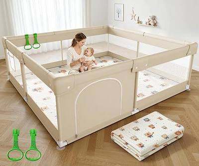 ZEEBABA Safe Baby Playpen with Mat, 47x47in Beige Play Pen with Soft Machine Washable PlayMat, Portable Baby Playard for Babies & Toddlers with Zipper Door
