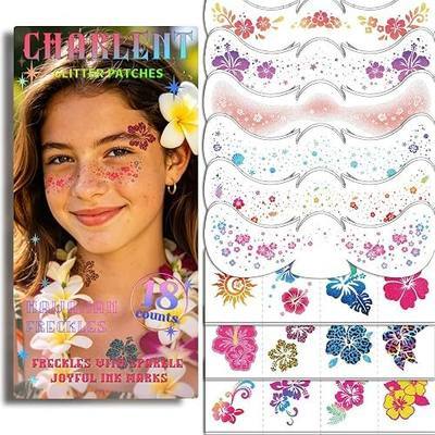 CHARLENT Glitter Hibiscus Face Tattoos for Aloha Party Decoration | 36 Pcs Glitter Hawaiian Freckles Face Tattoos for Women Kids Summer Hawaiian Party Favors