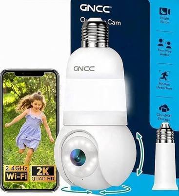 GNCC 2K Light Bulb Security Camera, 2.4G WiFi Outdoor Camera (1-Pack) | Screw-in Install, 360° View, Full Color Night Vision, Built-in LED Bulb & Spotlight, Motion/Sound Detection, SD/Cloud Storage
