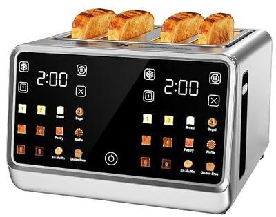 Smart Toaster 4 Slice with Dual Touchscreen & Independent Controls, 1800W Stainless Steel, Wide Slots for 6 Bread Types & Toast Settings,Single-Slice Modes, Defrost, Reheat