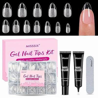 Misssix Short Almond Gel Nail Tips, 432Pcs Pre Etched Clear Fake Nails Kit | Full Cover Soft Acrylic False Nail with 2*10g Nail Glue Air Dry for Women 12 Sizes