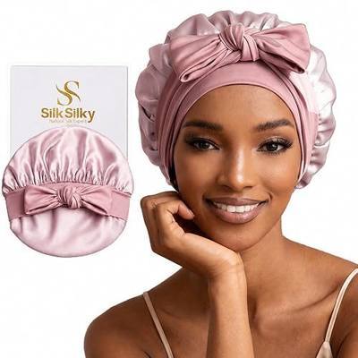 SilkSilky 100% Mulberry Silk Bonnet for Sleeping Women, Double Layer Silk Hair Bonnet with Tie Band, Adjustable Silk Hair Wrap for Hair Care (1Pc, PaleMauve)