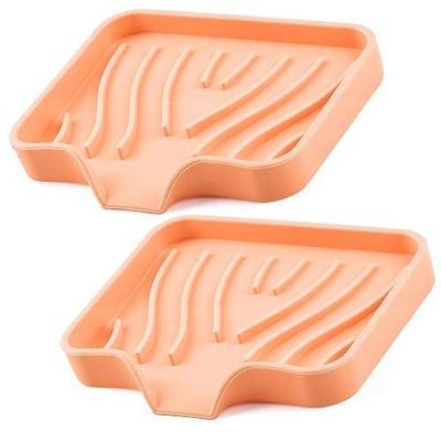 Silicone Soap Dish with Drain Spouts, Bar Soap Holder, Self-Draining Sink Organizer Kitchen Sponge Tray, Non-Slip Dispensers for Bathroom, Kitchen (Pink (Slightly Orange), 2 Short)