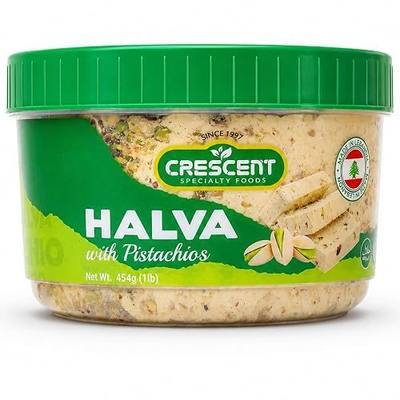 Crescent Pistachio Halva, 1 lb – Traditional Lebanese Sesame Tahini Dessert with Pistachios, Vegan, Halal, Gluten-Free, Cholesterol-Free, Sweet Middle Eastern Halvah Candy