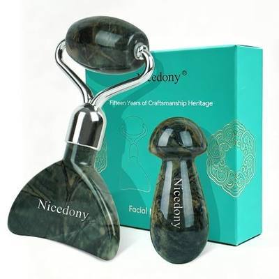 Gua Sha Tool for Face and Nine Dragon Jade Face Roller Set | 2-Piece Cooling Facial Roller with Mushroom Stone for Women, Skincare Tool for Face, Neck and Jawline Massage