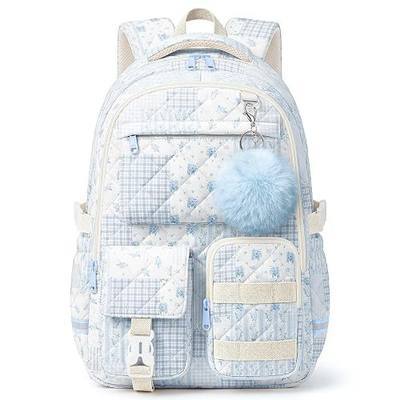 Quilted Backpack for Teen Girls,Cute Blue Patchwork School Backpack with Multi-Pocket Design,Lightweight Cotton Bookbag Fits 15.6" Laptop,Large Capacity Aesthetic Backpack with Plush Charm