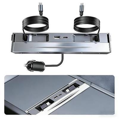 130W USB Hub for Tesla Model 3 Highland 2024 2026 Model Y Juniper 2025 2026, 65W+45W Dual Type-C Retractable Cables 4 in 1 Multi Port Fast Charger Docking