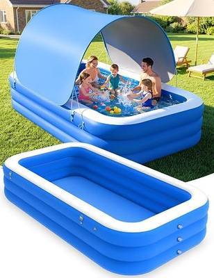 MoKo Inflatable Swimming Pool with Canopy, Large Blow Up Pool with Shade | 210T silver-coated UPF60+ polyester canopy, inner size 85×49×22.8in, 0.31mm thick PVC, inflates in about 4-5 minutes