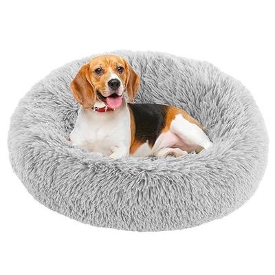 DUMOS 30.7 Inch Donut Dog Bed, Faux Fur Plush, Grey | Machine Washable Cuddler Warming Cozy Fluffy Faux Fur Plush Round Pet Bed, Anti-Slip Bed for Indoor Dogs and Cats